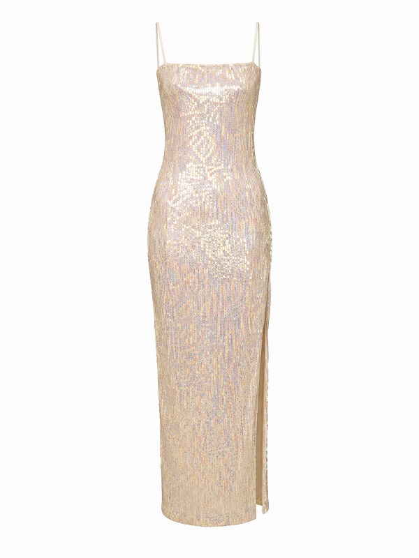 【新品DRESS 1977】オーロラ総スパンコールスリットミモレ丈タイトミディアムドレス アイボリー【NEW LOOK】